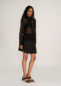 ROSANI The Liminal shirt in black - black viscose organza shirt with tonal threadwork and signature snap buttons, front view