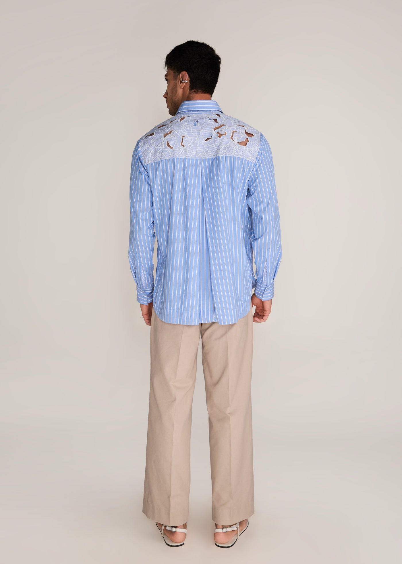ROSANI The Mannam shirt in dreamy blue - dreamy blue striped shirt with cutwork flower panels, back view