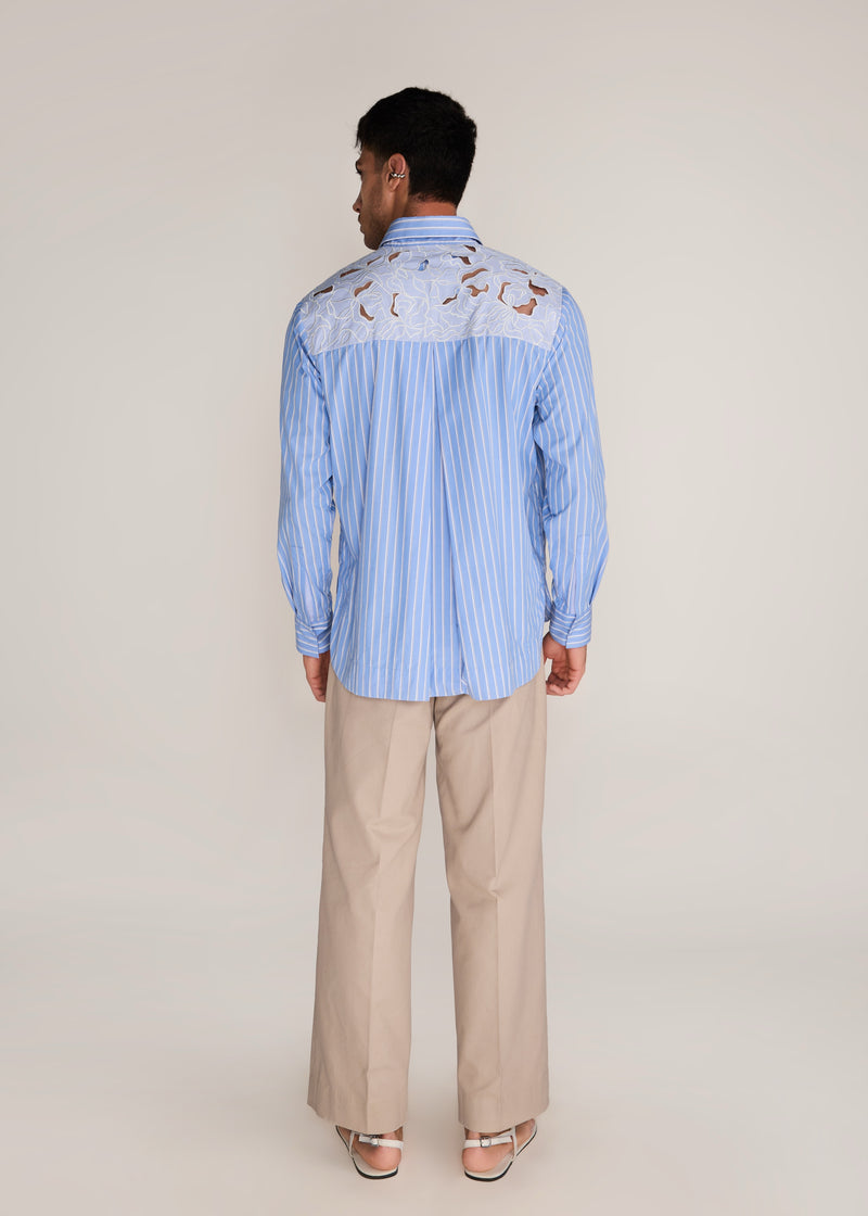 ROSANI The Mannam shirt in dreamy blue - dreamy blue striped shirt with cutwork flower panels, back view