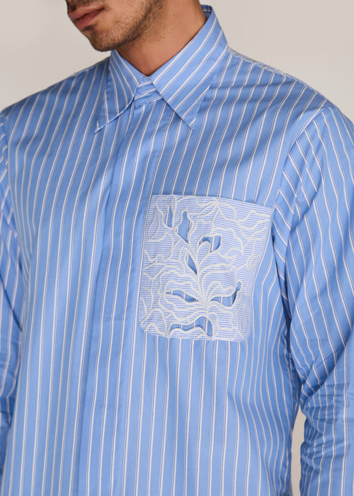 ROSANI The Mannam shirt in dreamy blue - dreamy blue striped shirt with cutwork flower panels, craft detail