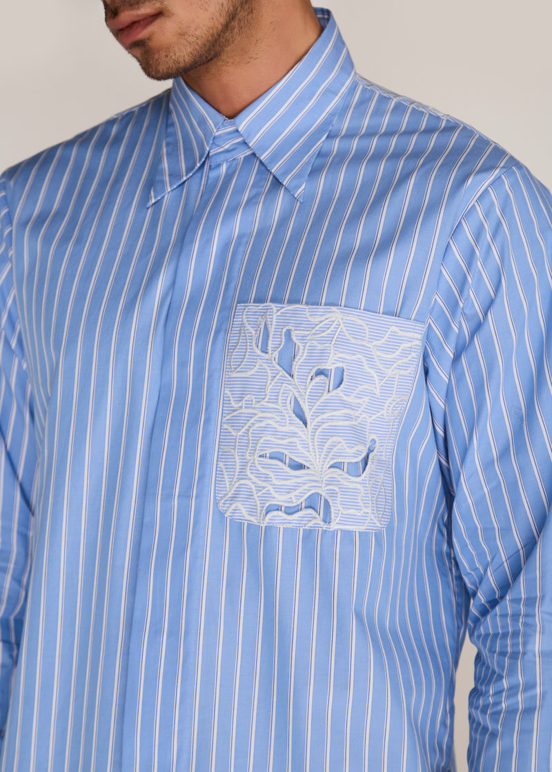 ROSANI The Mannam shirt in dreamy blue - dreamy blue striped shirt with cutwork flower panels, craft detail