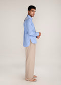 ROSANI The Mannam shirt in dreamy blue - dreamy blue striped shirt with cutwork flower panels, side view