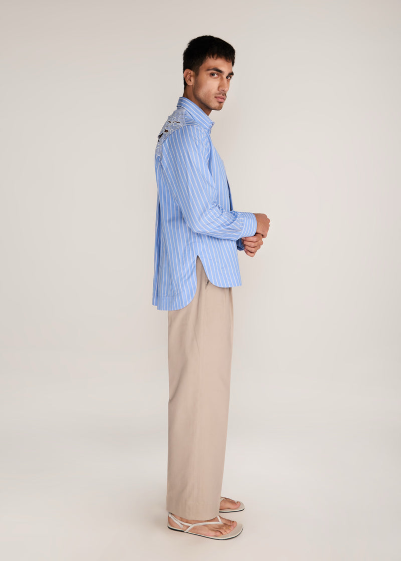 ROSANI The Mannam shirt in dreamy blue - dreamy blue striped shirt with cutwork flower panels, side view