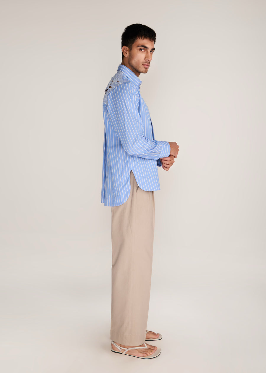 ROSANI The Mannam shirt in dreamy blue - dreamy blue striped shirt with cutwork flower panels, side view