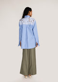 ROSANI The Mannam shirt in dreamy blue - dreamy blue striped shirt with cutwork flower panels, back view