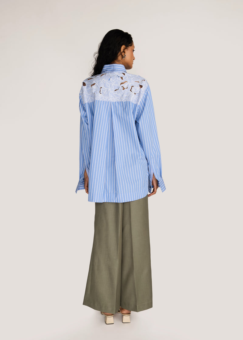 ROSANI The Mannam shirt in dreamy blue - dreamy blue striped shirt with cutwork flower panels, back view