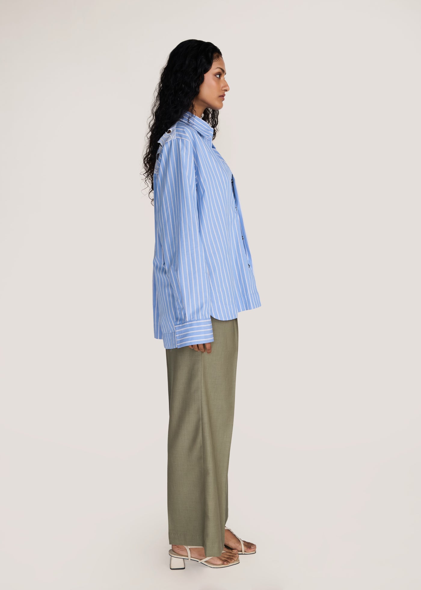 ROSANI The Mannam shirt in dreamy blue - dreamy blue striped shirt with cutwork flower panels, side view