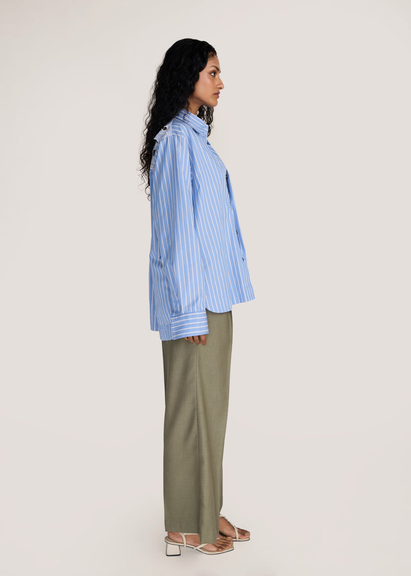 ROSANI The Mannam shirt in dreamy blue - dreamy blue striped shirt with cutwork flower panels, side view