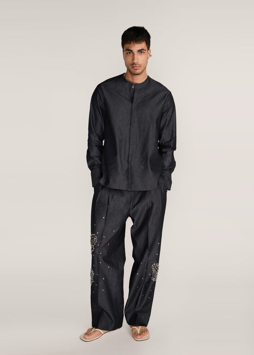ROSANI The Møte shirt in charcoal - charcoal fluid-gloss cotton shirt, front view