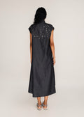 ROSANI The Nexa dress in charcoal - charcoal denim embroidered-yoke maxi dress, back view