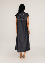 ROSANI The Nexa dress in charcoal - charcoal denim embroidered-yoke maxi dress, back view