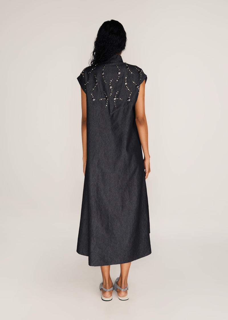 ROSANI The Nexa dress in charcoal - charcoal denim embroidered-yoke maxi dress, back view