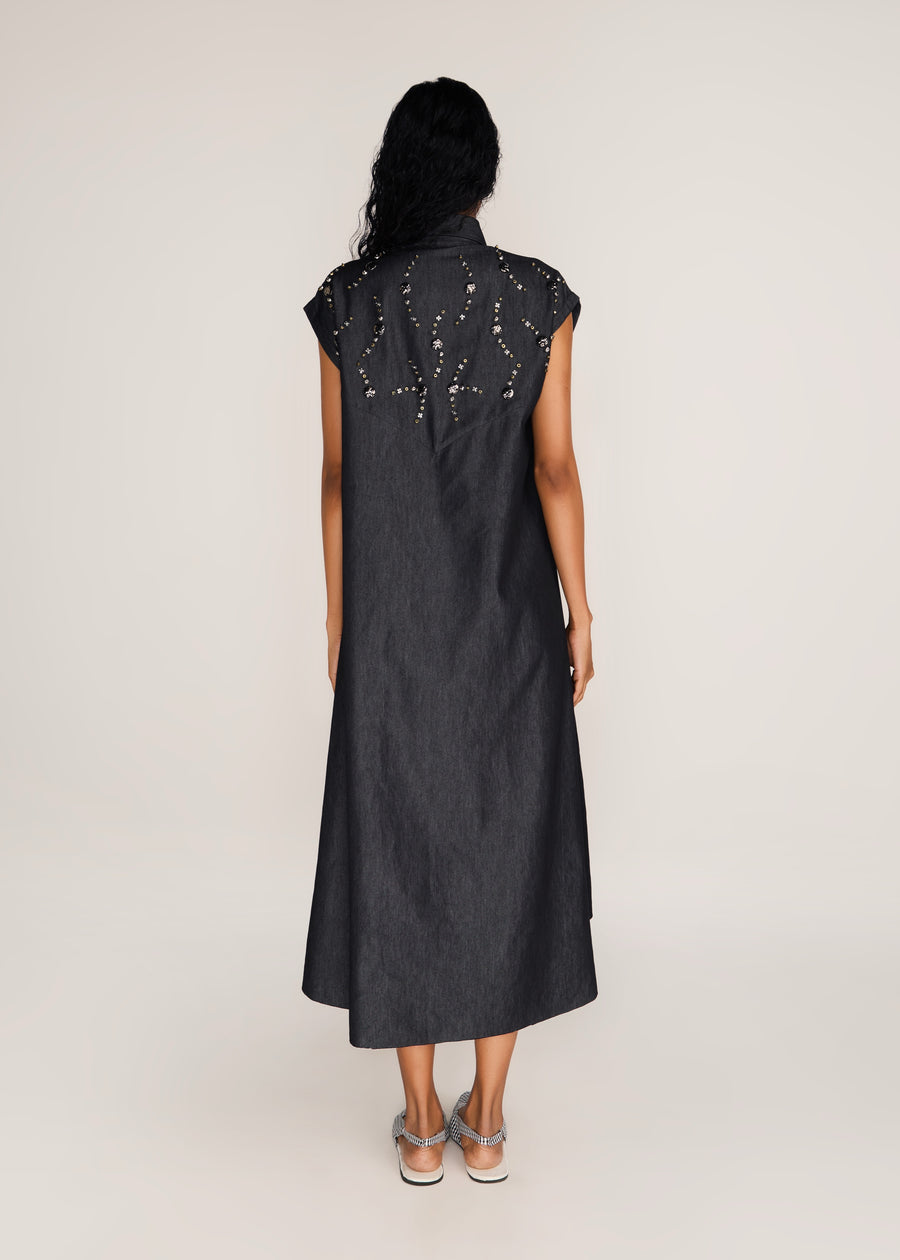 ROSANI The Nexa dress in charcoal - charcoal denim embroidered-yoke maxi dress, back view