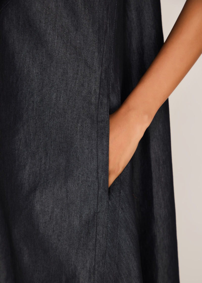 ROSANI The Nexa dress in charcoal - charcoal denim embroidered-yoke maxi dress, craft detail, alternate angle