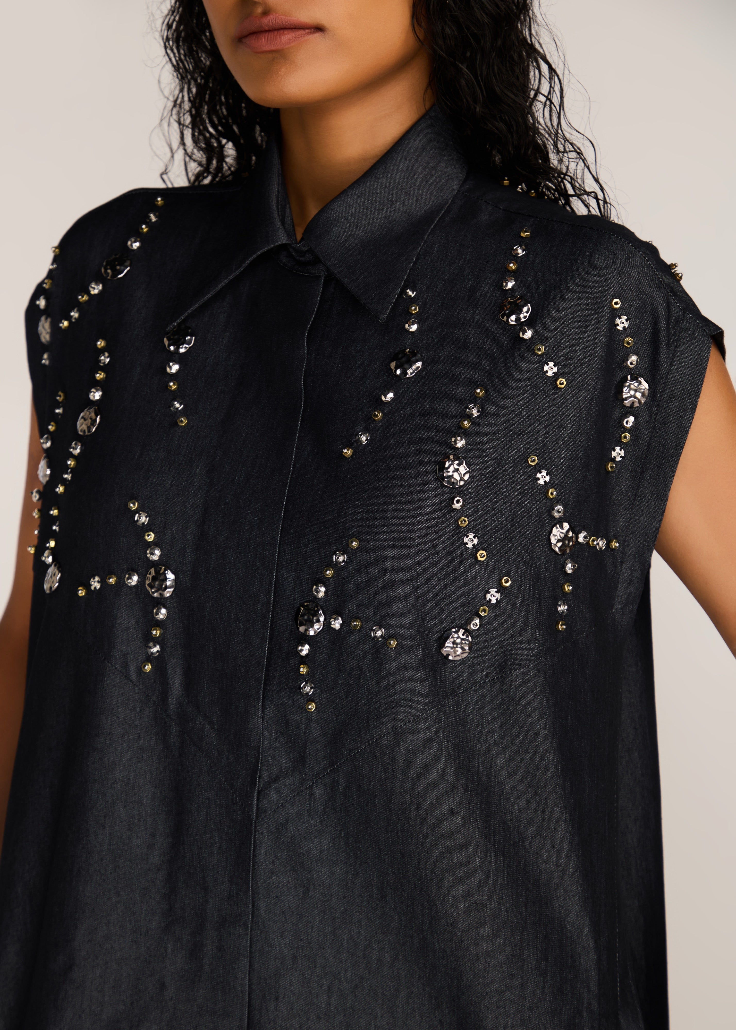 ROSANI The Nexa dress in charcoal - charcoal denim embroidered-yoke maxi dress, craft detail