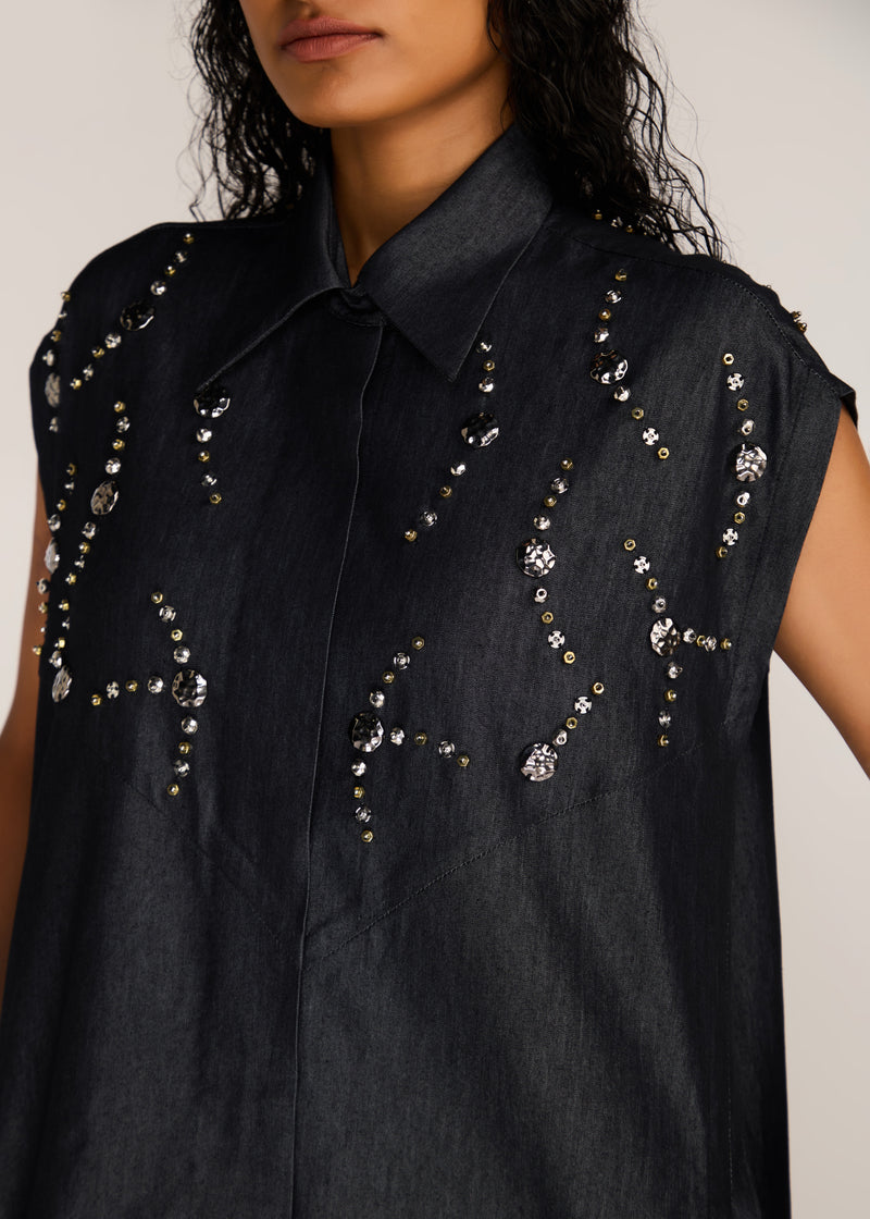 ROSANI The Nexa dress in charcoal - charcoal denim embroidered-yoke maxi dress, craft detail