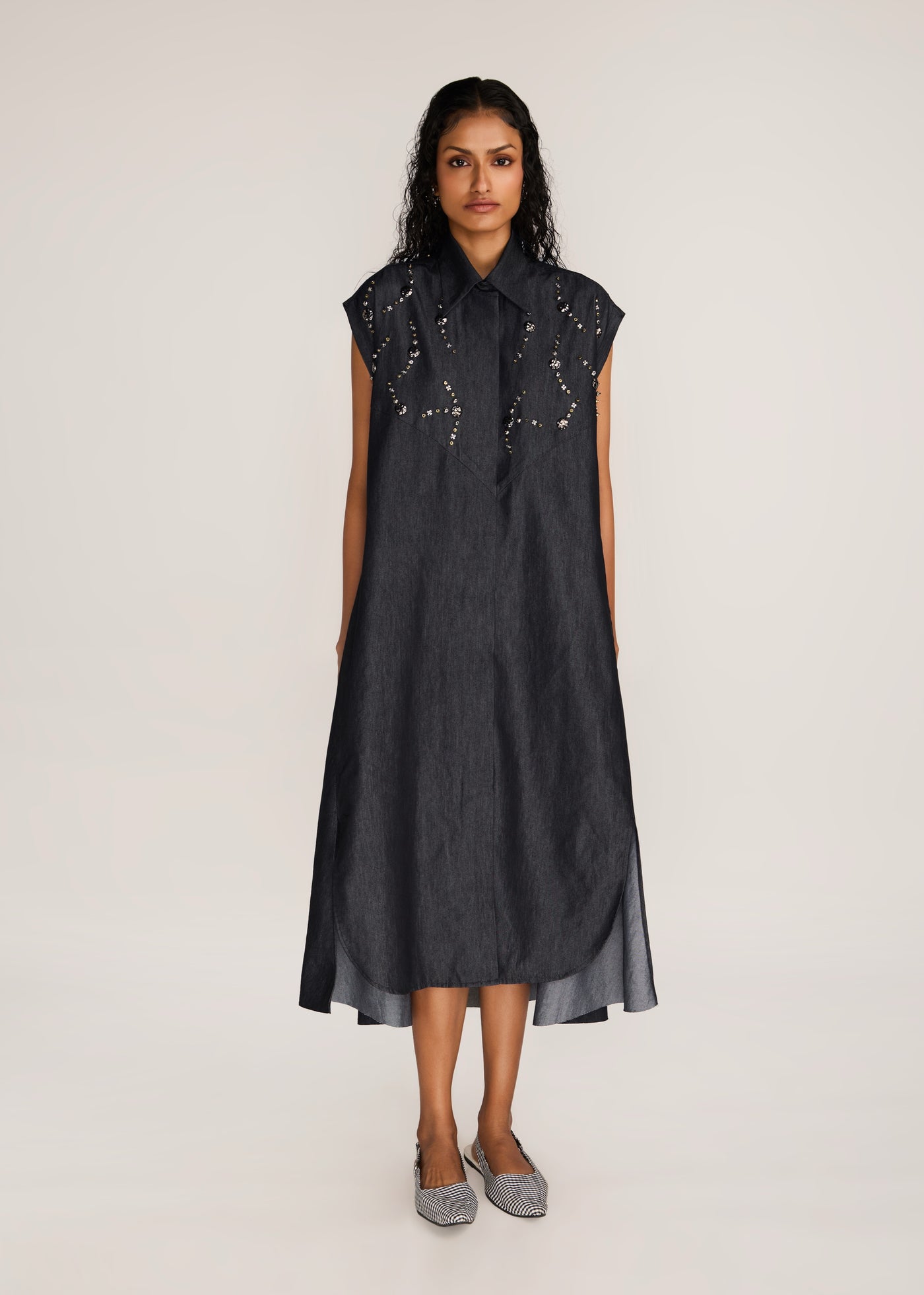 ROSANI The Nexa dress in charcoal - charcoal denim embroidered-yoke maxi dress, front view