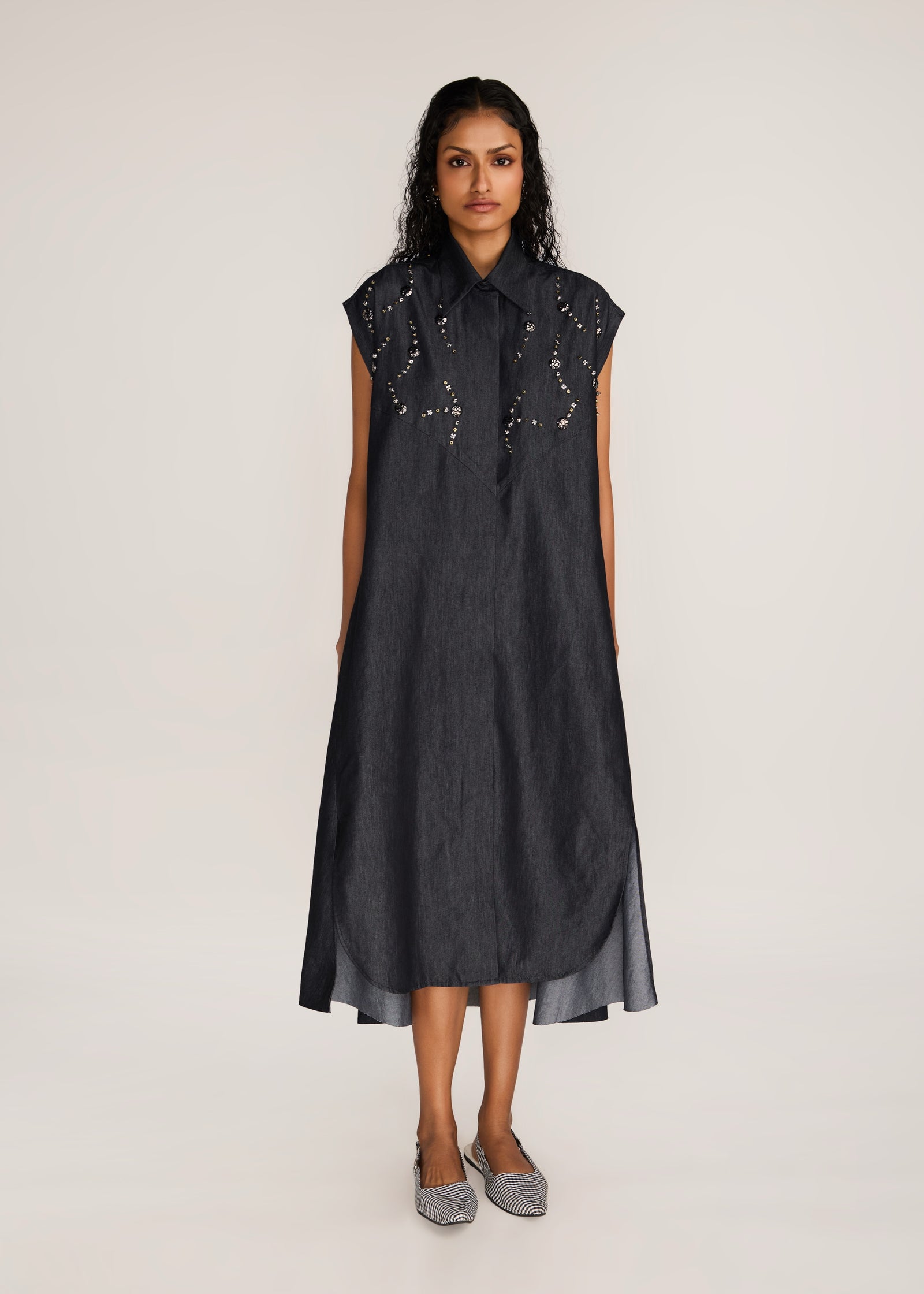 ROSANI The Nexa dress in charcoal - charcoal denim embroidered-yoke maxi dress, front view