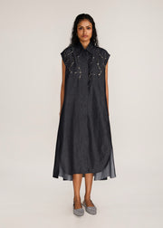 ROSANI The Nexa dress in charcoal - charcoal denim embroidered-yoke maxi dress, front view