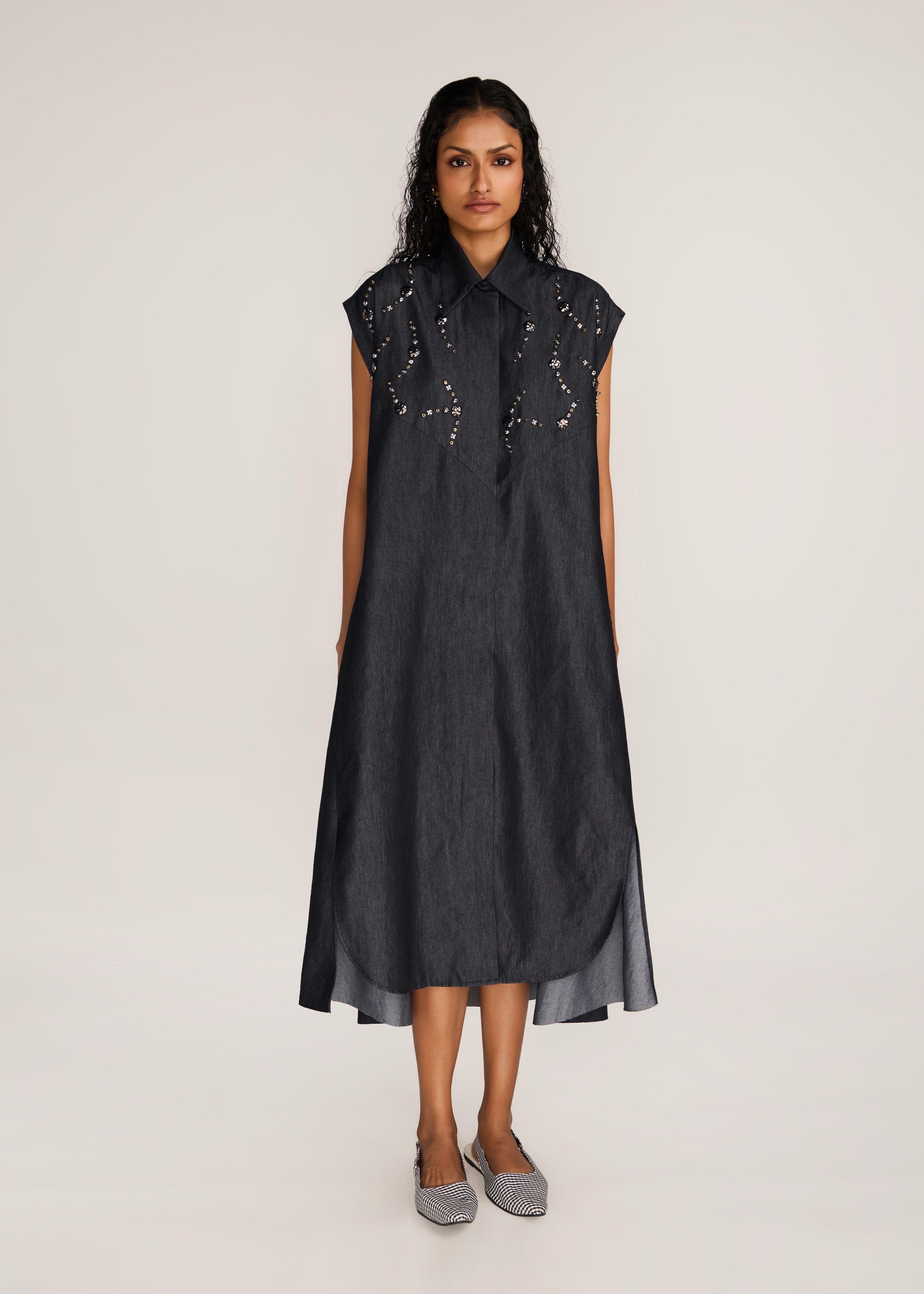 ROSANI The Nexa dress in charcoal - charcoal denim embroidered-yoke maxi dress, front view