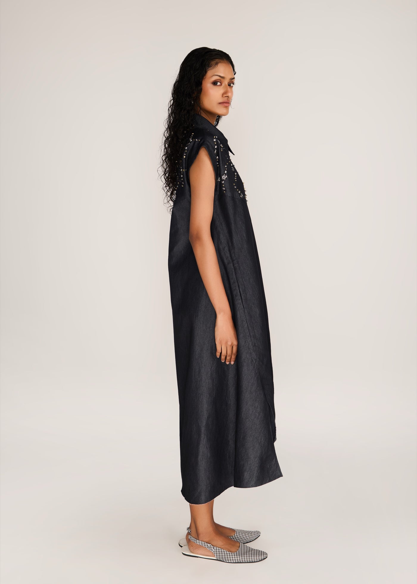 ROSANI The Nexa dress in charcoal - charcoal denim embroidered-yoke maxi dress, side view