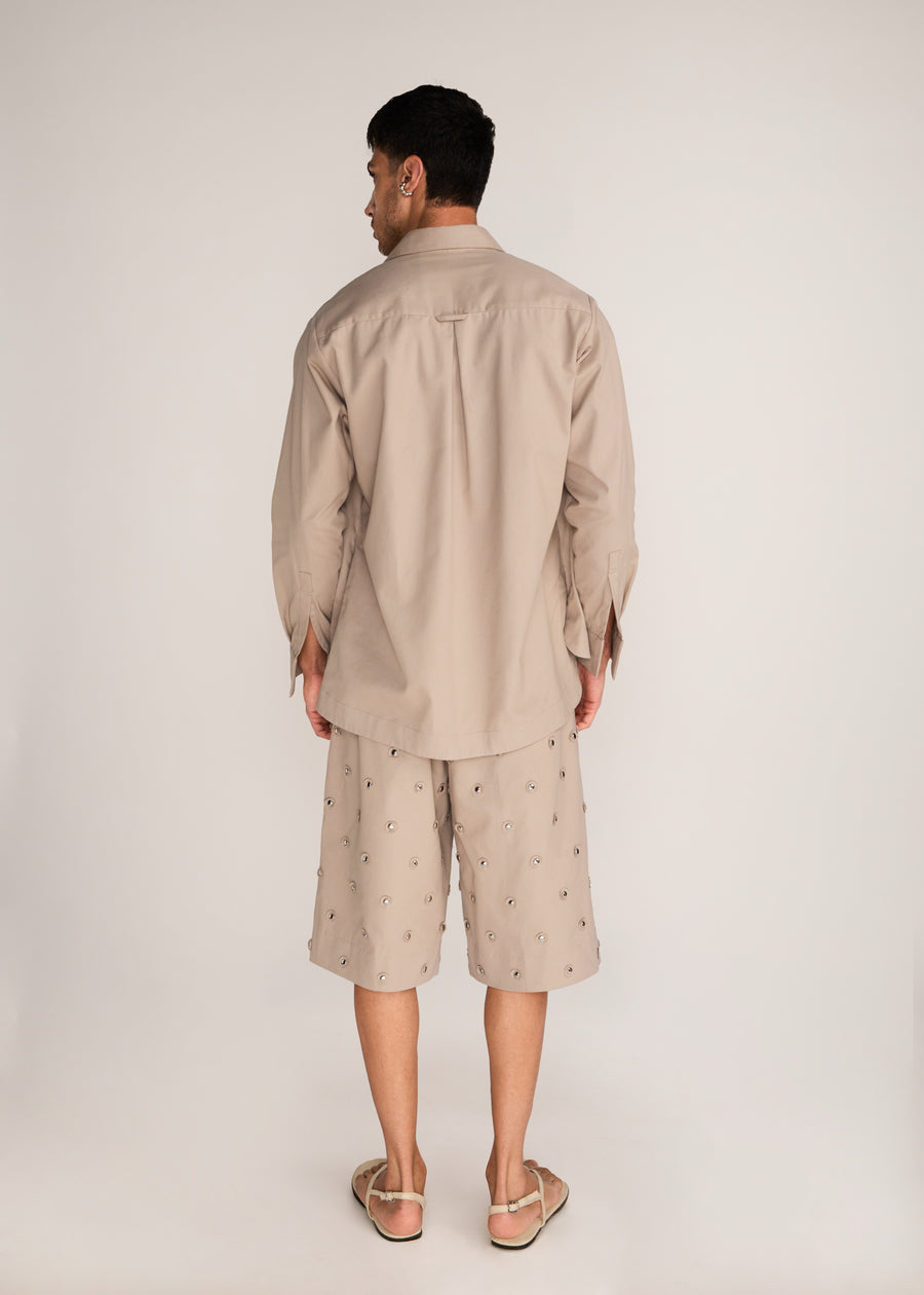 ROSANI The Nexus shacket in sand dune - sand dune classic cotton shacket, back view
