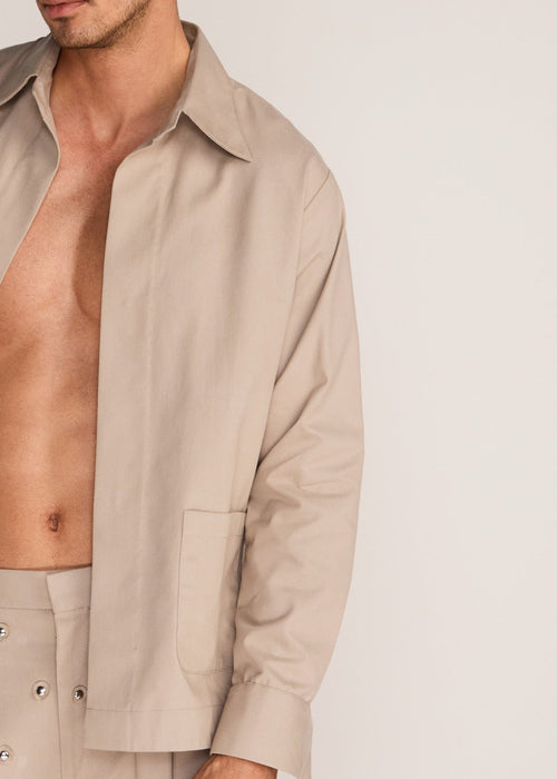 ROSANI The Nexus shacket in sand dune - sand dune classic cotton shacket, craft detail