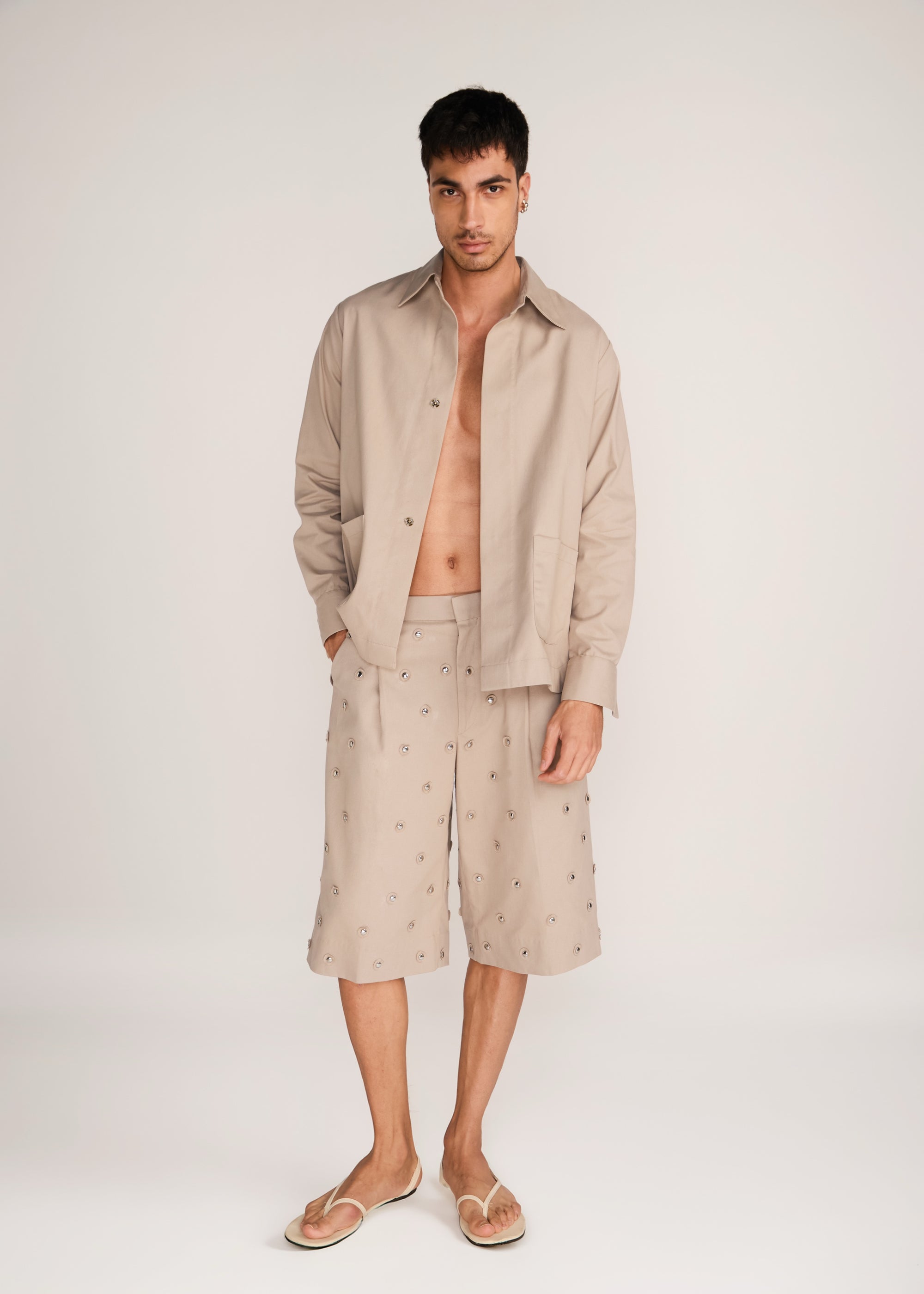ROSANI The Nexus shacket in sand dune - sand dune classic cotton shacket, front view