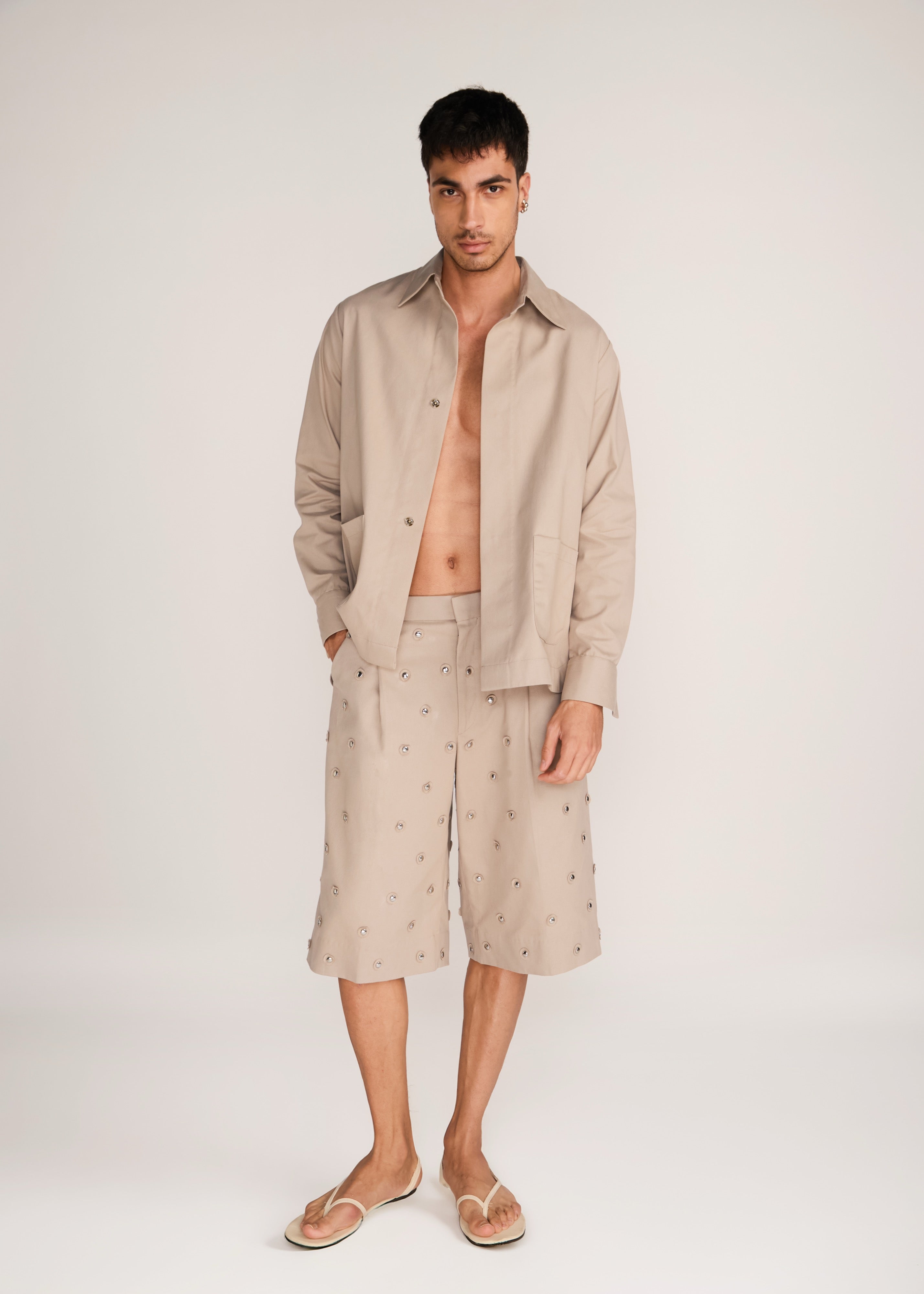 ROSANI The Nexus shacket in sand dune - sand dune classic cotton shacket, front view