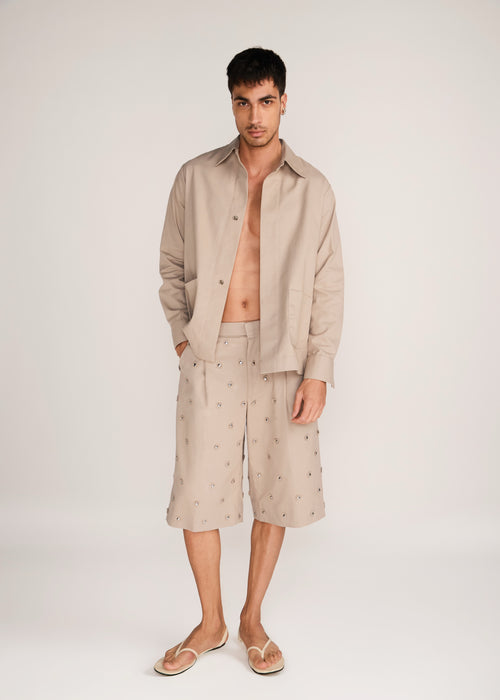 ROSANI The Nexus shacket in sand dune - sand dune classic cotton shacket, front view