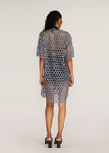 ROSANI The Nube dress in grey stripes - grey striped laser-cut dress with hand-embroidered placket, back view