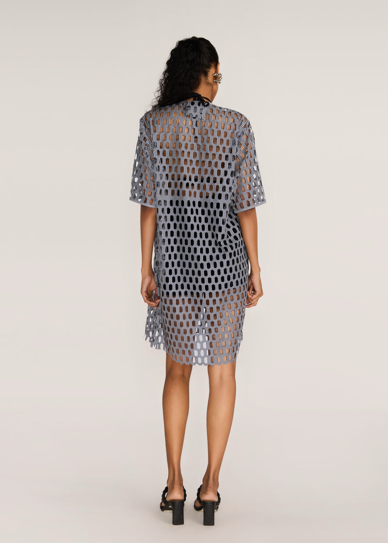 ROSANI The Nube dress in grey stripes - grey striped laser-cut dress with hand-embroidered placket, back view