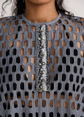 ROSANI The Nube dress in grey stripes - grey striped laser-cut dress with hand-embroidered placket, craft detail