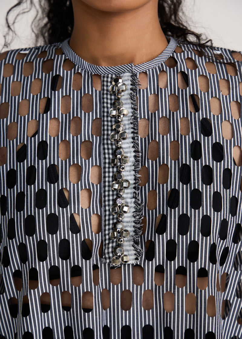 ROSANI The Nube dress in grey stripes - grey striped laser-cut dress with hand-embroidered placket, craft detail