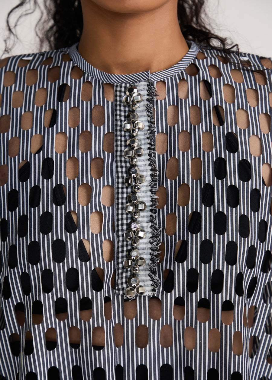 ROSANI The Nube dress in grey stripes - grey striped laser-cut dress with hand-embroidered placket, craft detail