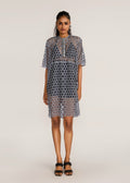 ROSANI The Nube dress in grey stripes - grey striped laser-cut dress with hand-embroidered placket, front view