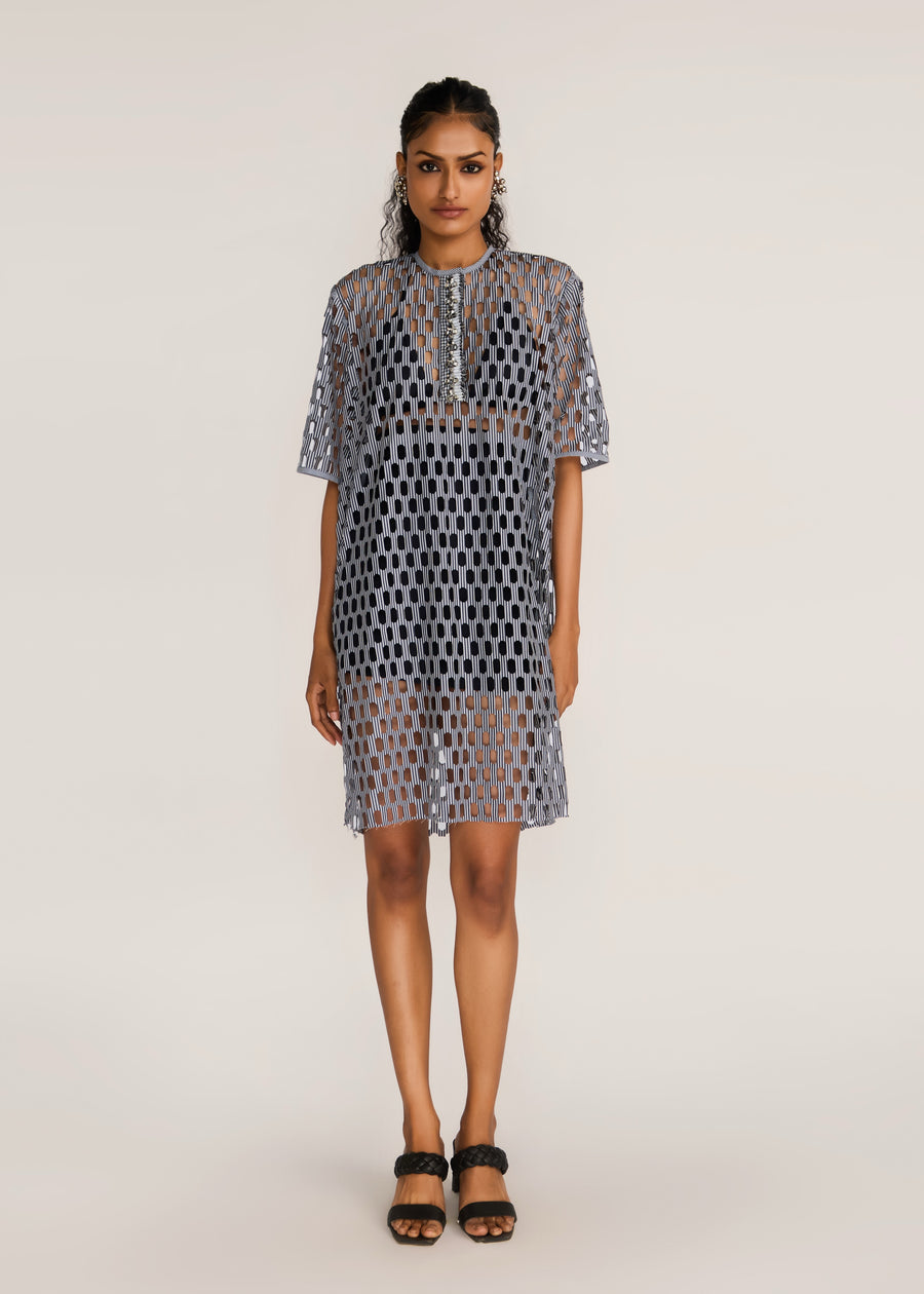 ROSANI The Nube dress in grey stripes - grey striped laser-cut dress with hand-embroidered placket, front view