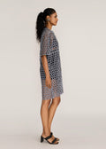 ROSANI The Nube dress in grey stripes - grey striped laser-cut dress with hand-embroidered placket, side view