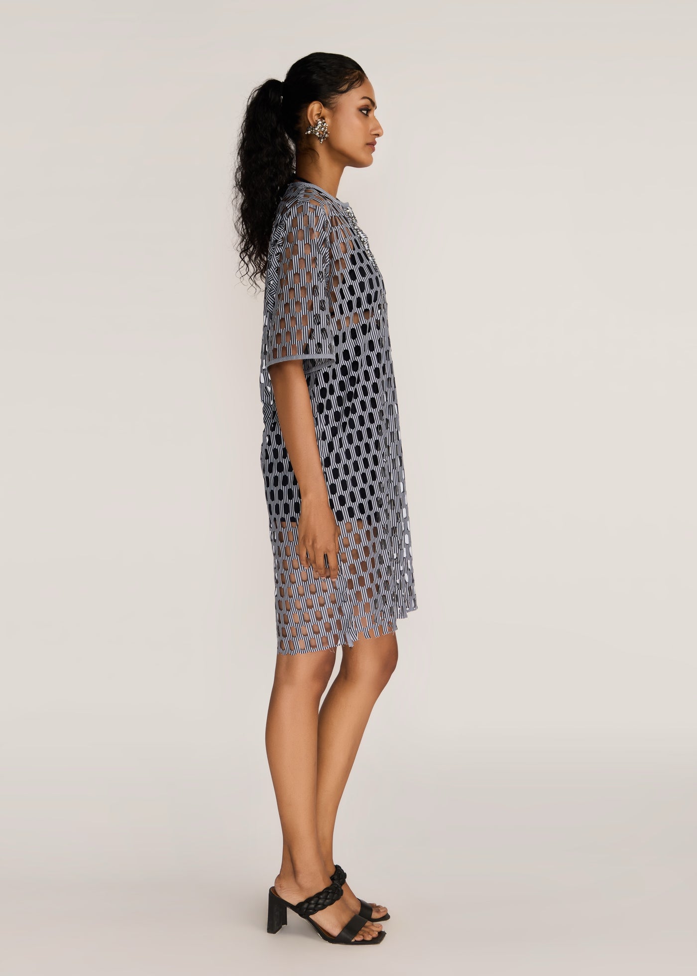 ROSANI The Nube dress in grey stripes - grey striped laser-cut dress with hand-embroidered placket, side view