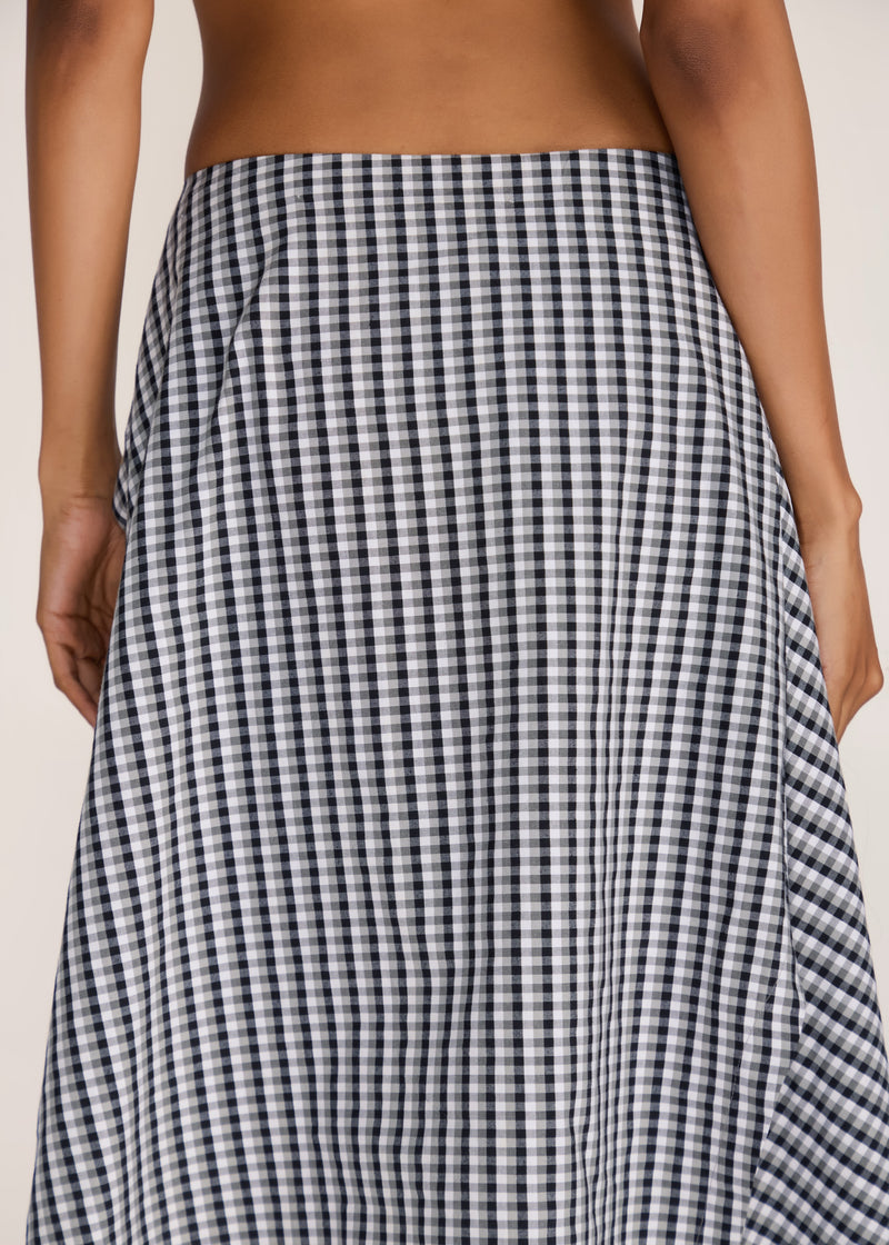 ROSANI The Onda skirt in grey stripes - grey striped wave-inspired overlay skirt with belt detail, back view