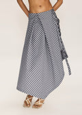ROSANI The Onda skirt in grey stripes - grey striped wave-inspired overlay skirt with belt detail, front view