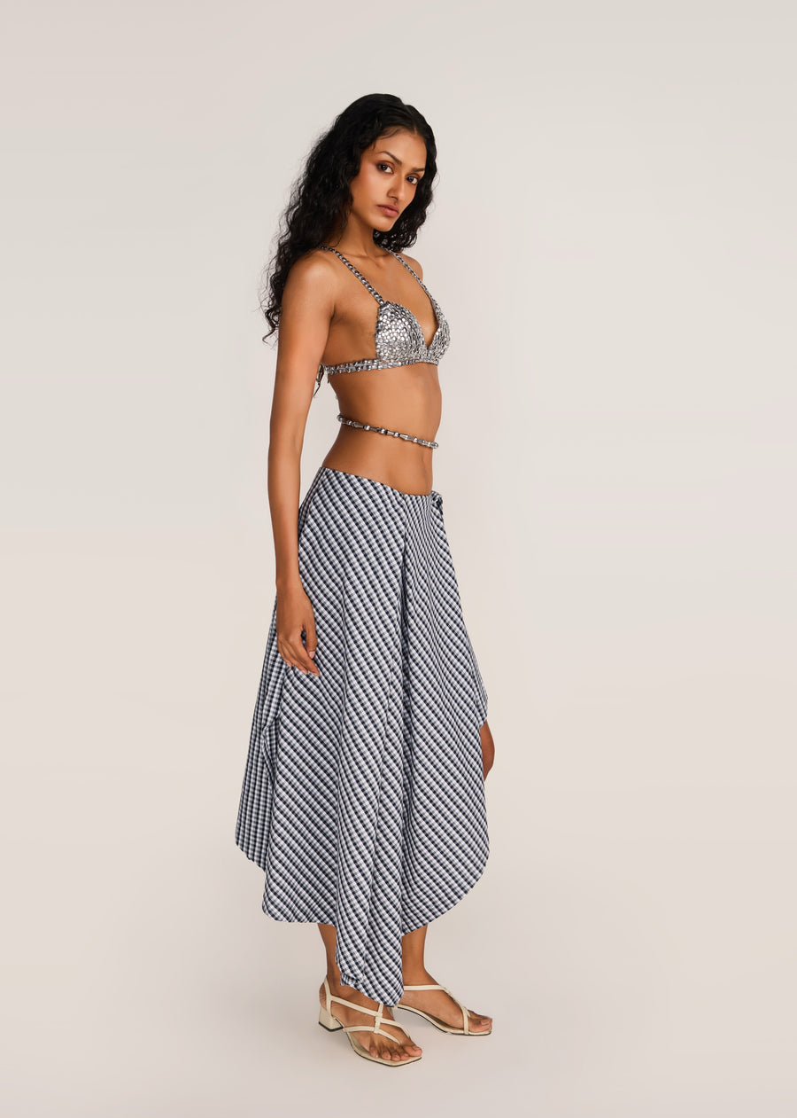 ROSANI The Onda skirt in grey stripes - grey striped wave-inspired overlay skirt with belt detail, side view, alternate angle