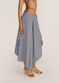 ROSANI The Onda skirt in grey stripes - grey striped wave-inspired overlay skirt with belt detail, side view