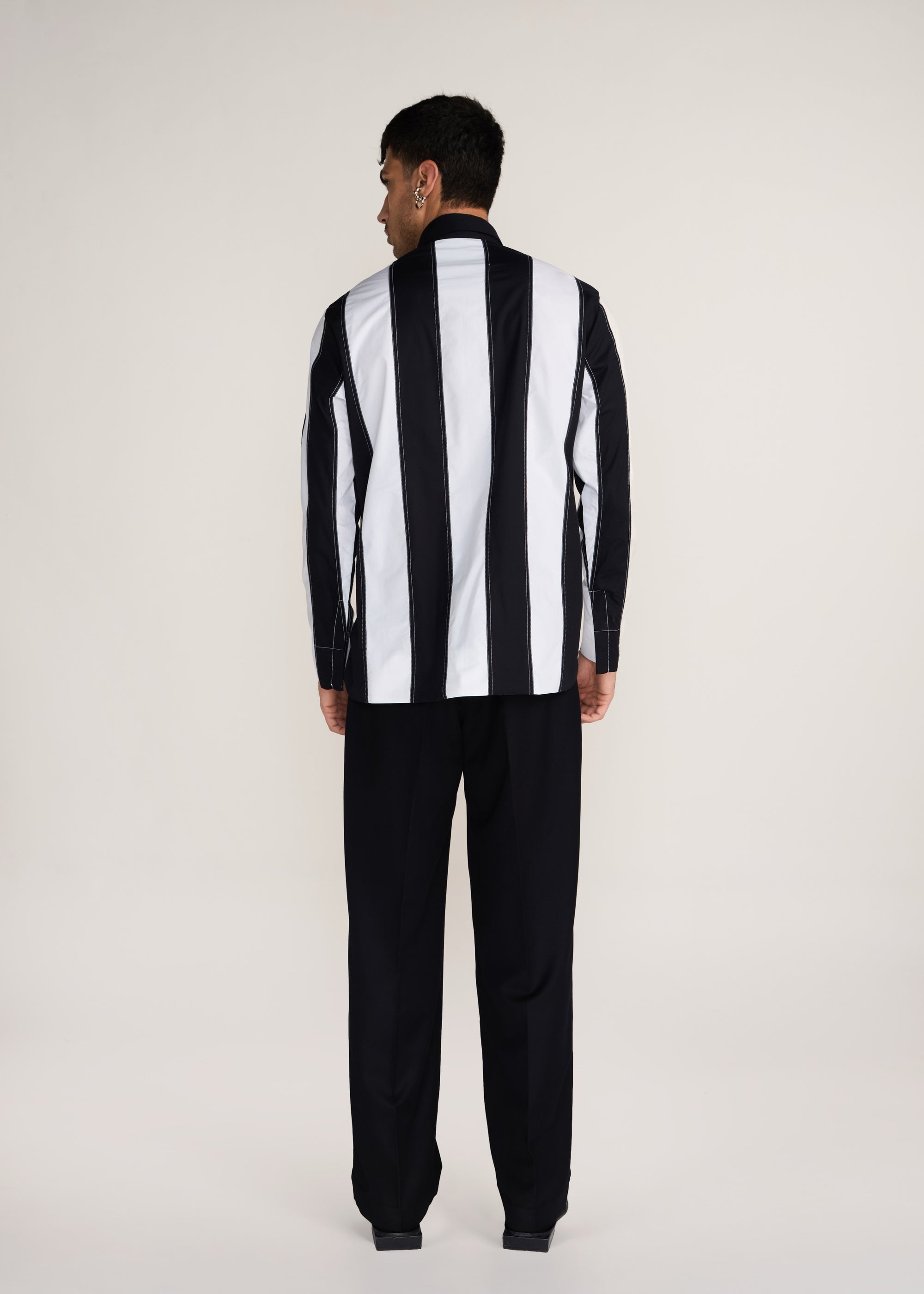 ROSANI The Recontre shirt in black & white - black and white constructed stripe cotton shirt, back view