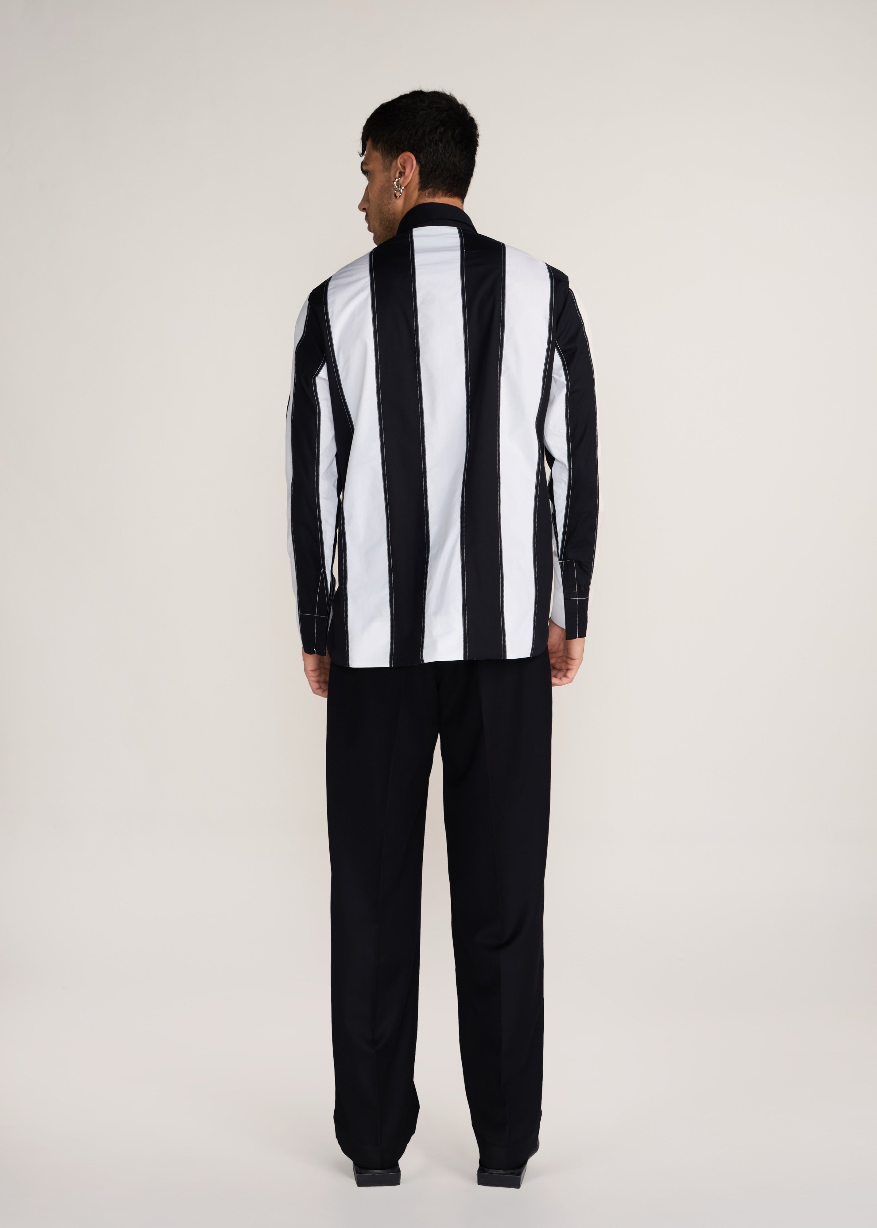 ROSANI The Recontre shirt in black & white - black and white constructed stripe cotton shirt, back view
