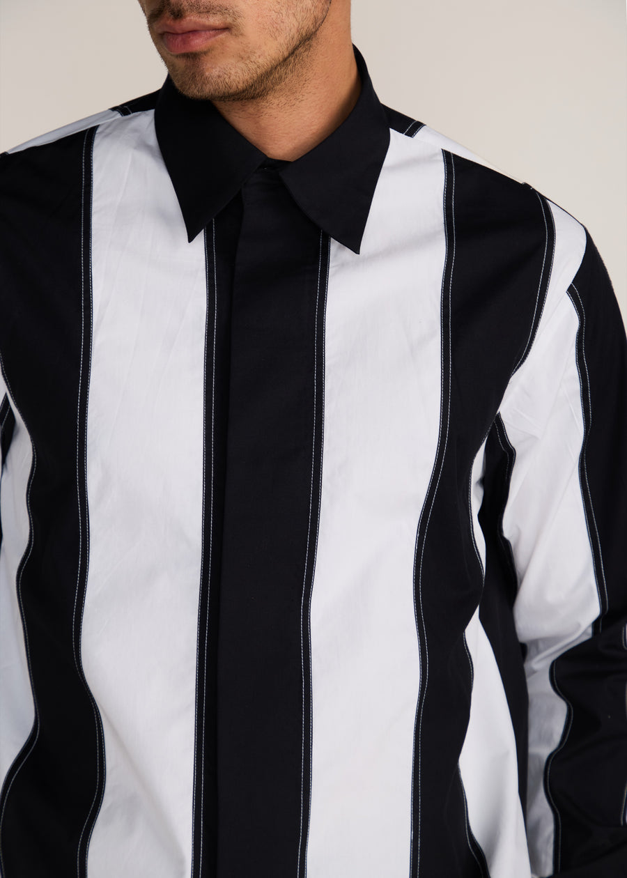 ROSANI The Recontre shirt in black & white - black and white constructed stripe cotton shirt, craft detail