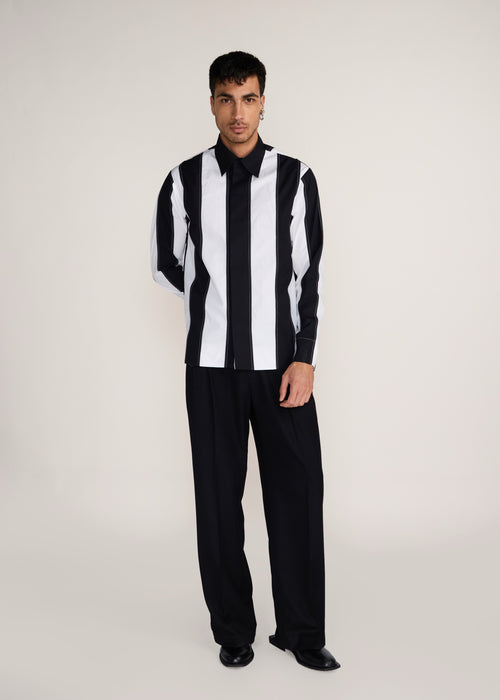 ROSANI The Recontre shirt in black & white - black and white constructed stripe cotton shirt, front view
