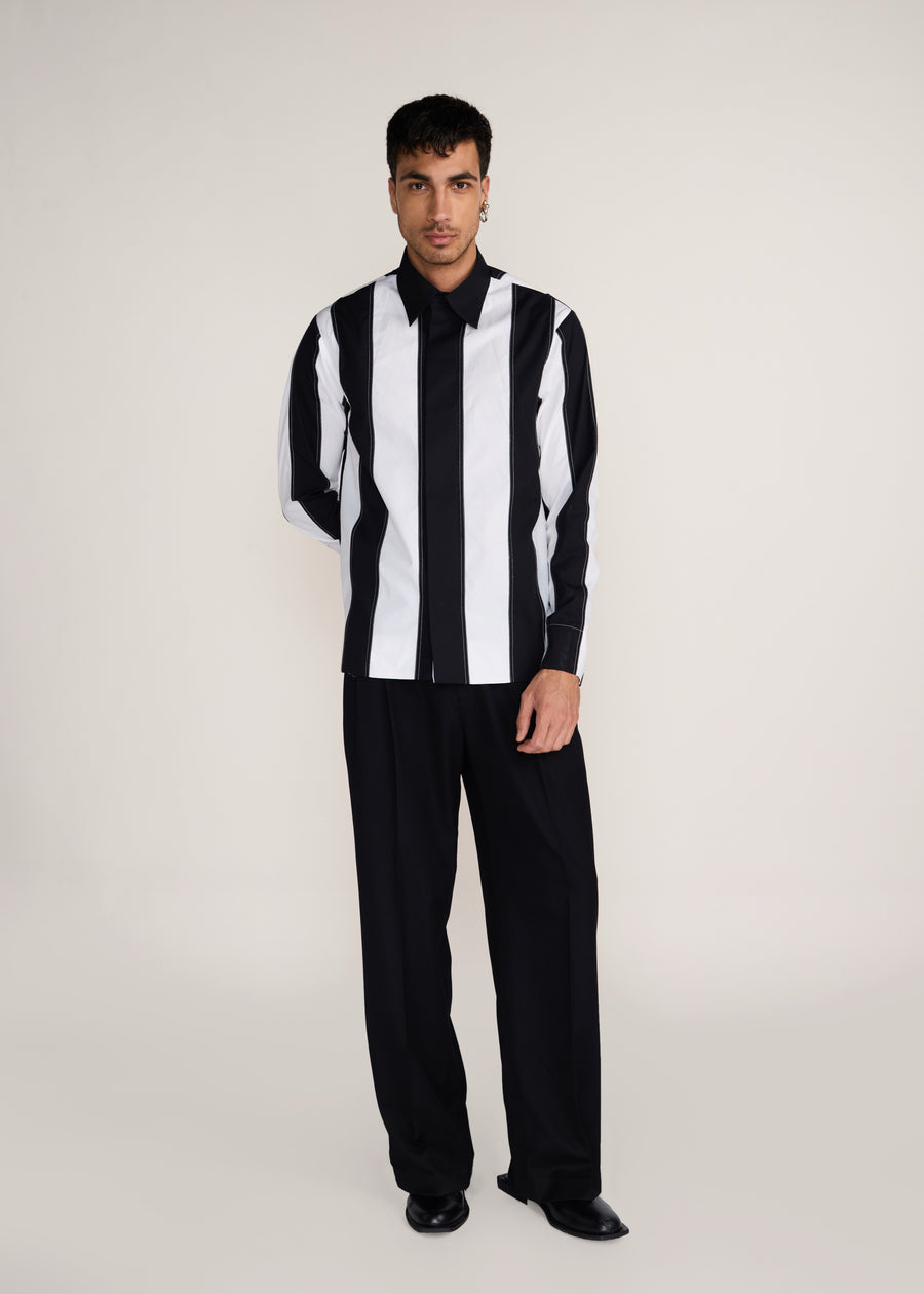 ROSANI The Recontre shirt in black & white - black and white constructed stripe cotton shirt, front view