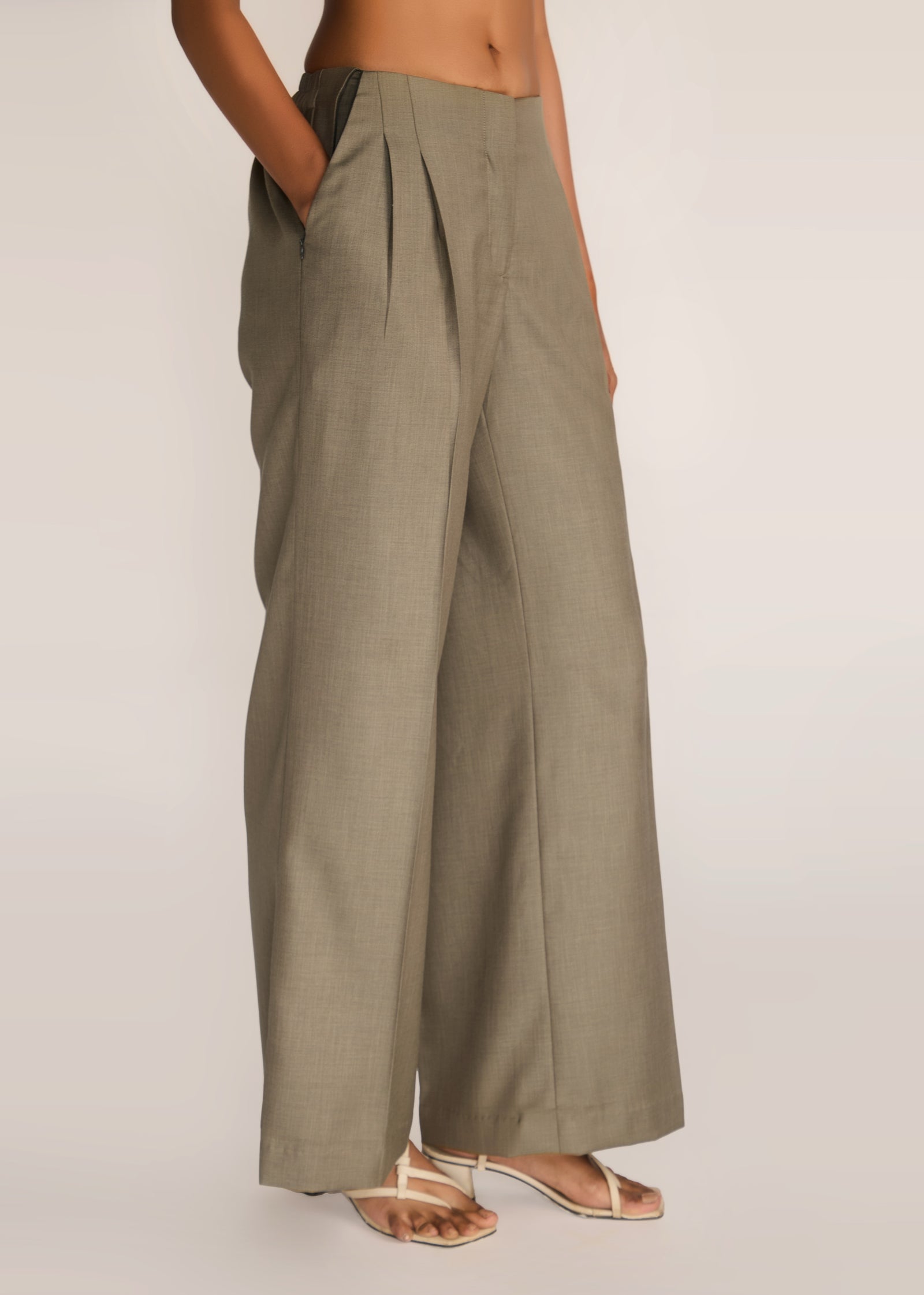 ROSANI The Riva trouser in olive blossom - olive blossom pleated suiting trouser, side view