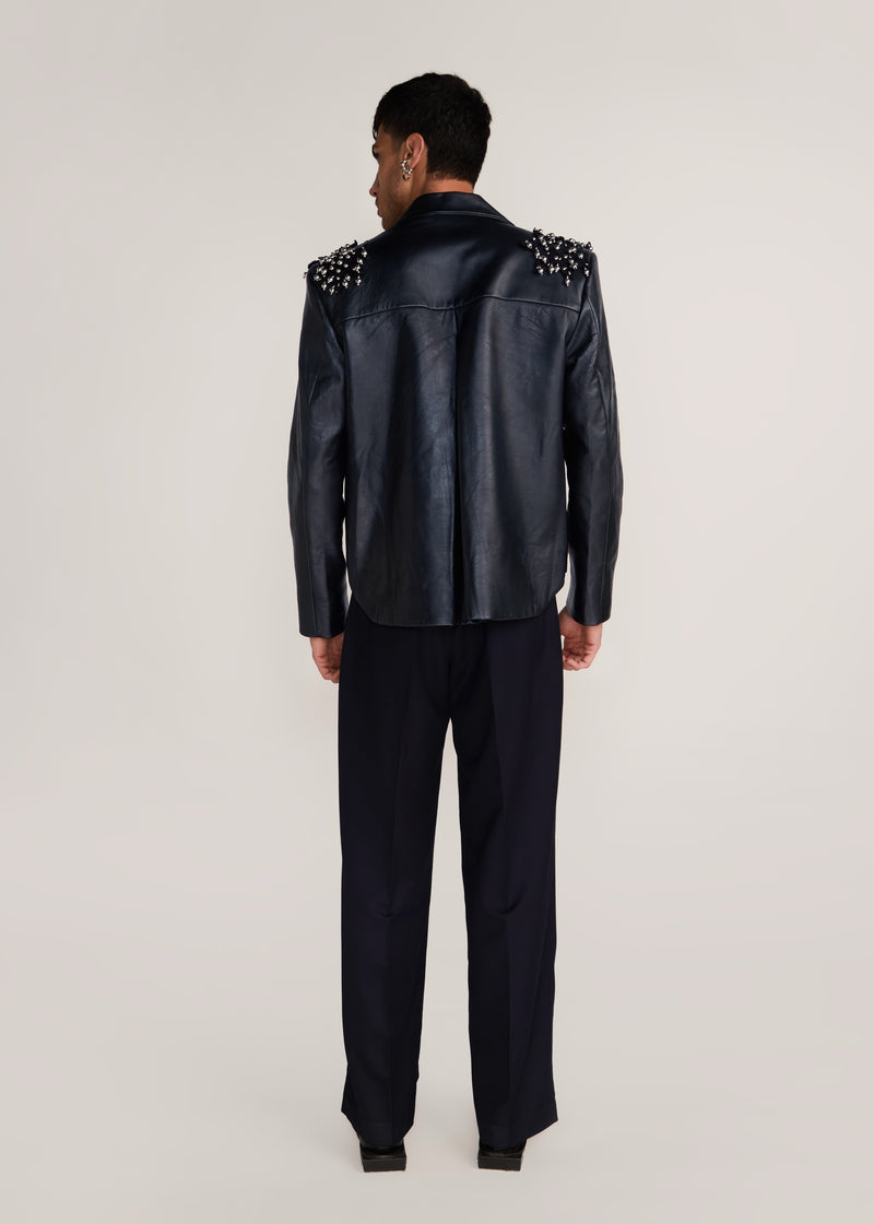 ROSANI The Samklang jacket in obsidian - obsidian leather jacket with hand-crocheted botanical shoulders, back view